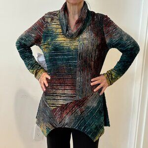 Eclectic burnout velvet tie dye cowl neck tunic, long sleeves, asymmetric hem, M